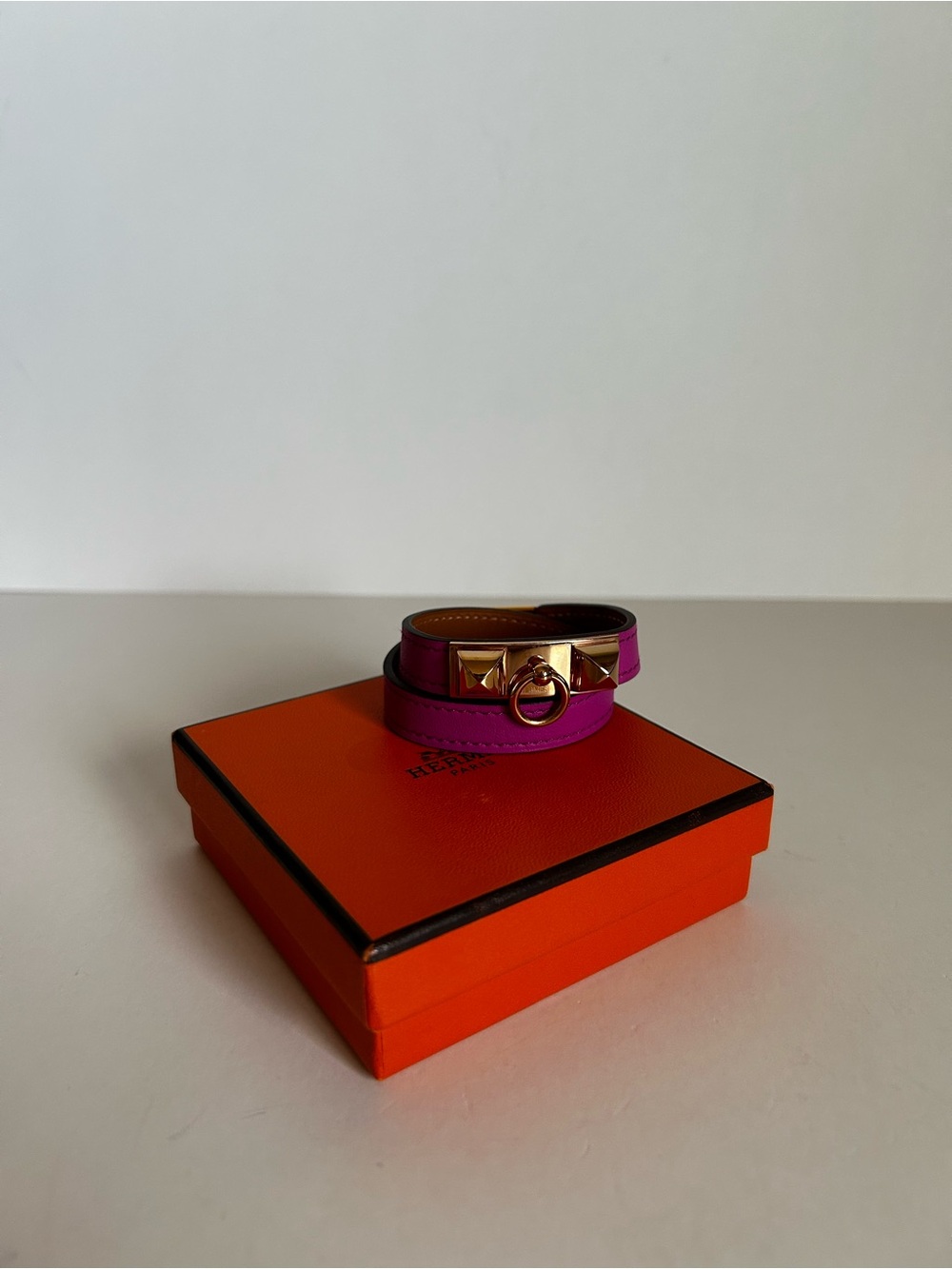 Hermes Pink 18k GoLeather Double Tour Bracelet with Gold Hardware and Ring Detai
